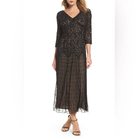 Pisarro Nights Beaded Mesh midi Gown 3/4 sleeve 2P - Picture 10 of 10